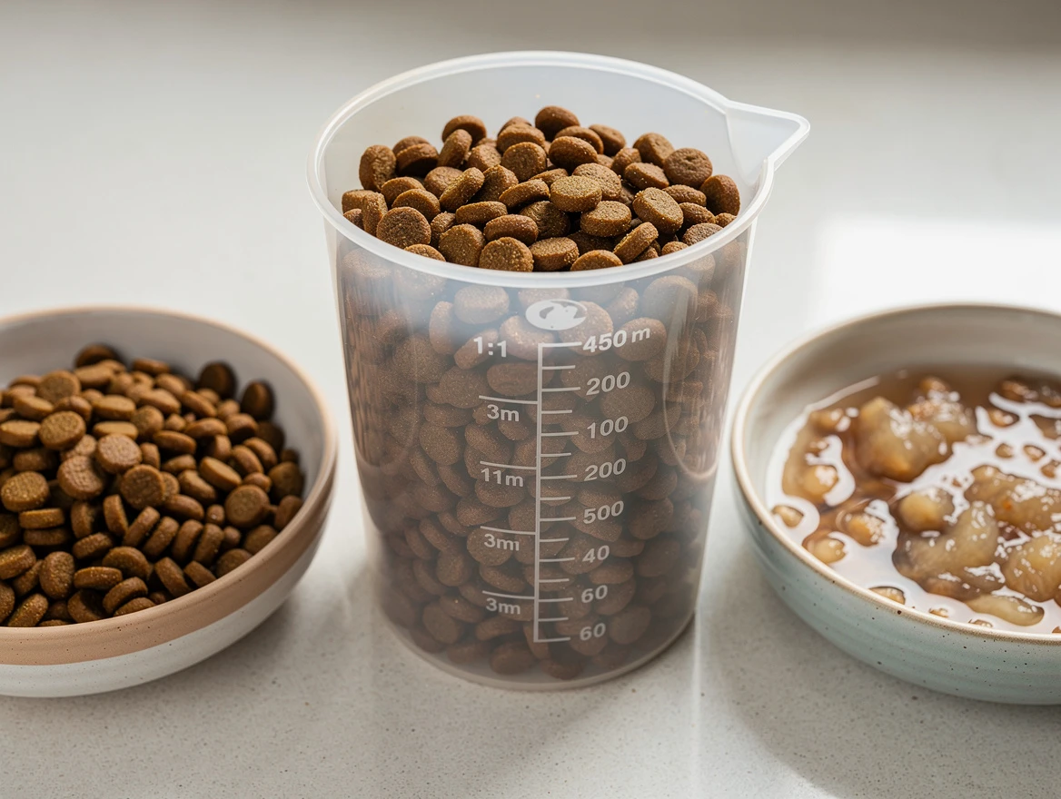 Measuring cup with dry kibble and rehydrated kibble showing 1:1 water ratio