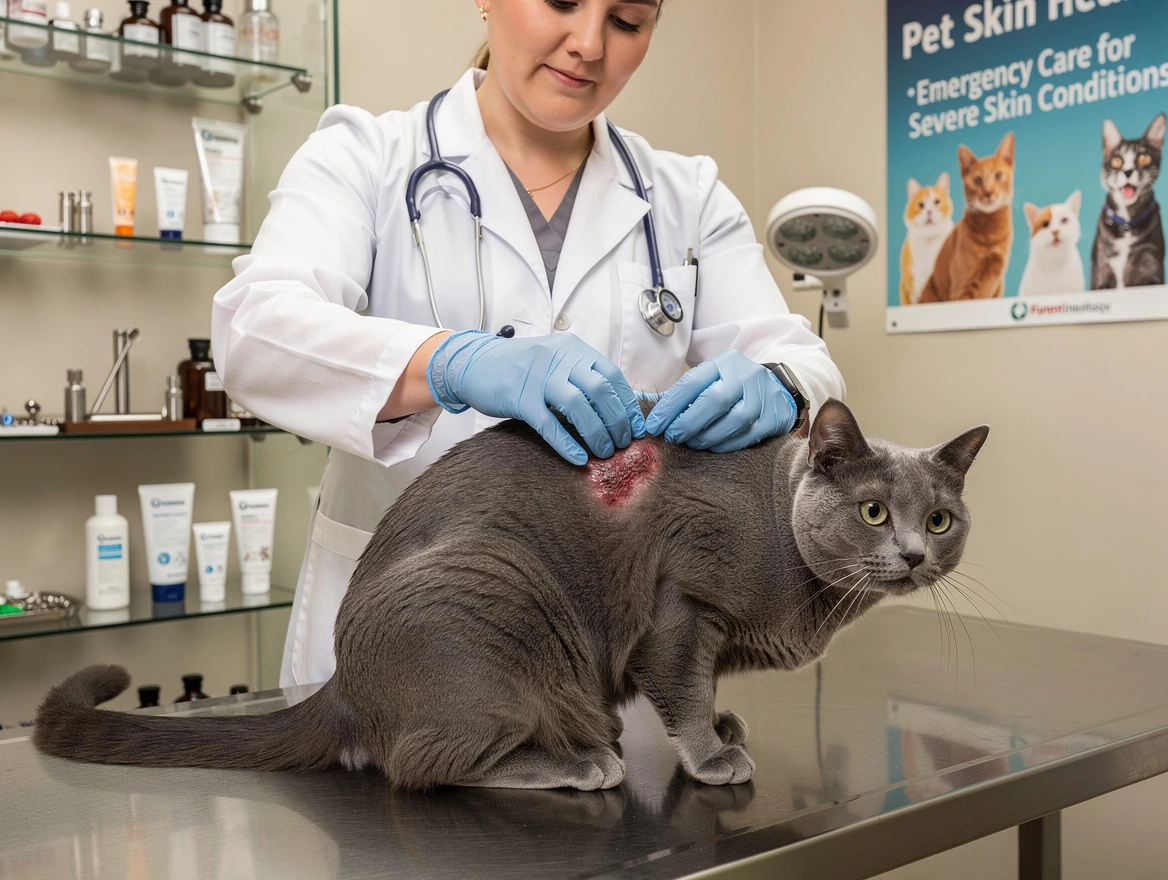 Veterinarian performing skin examination on cat for itchy skin diagnosis