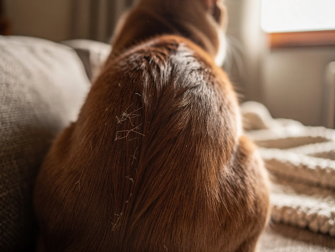 Healthy cat with smooth fur near tail — no dandruff after treatment