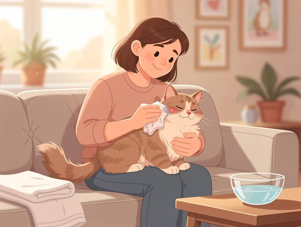 Person gently cleaning cat's swollen eye at home — cat swollen eye treatment at home