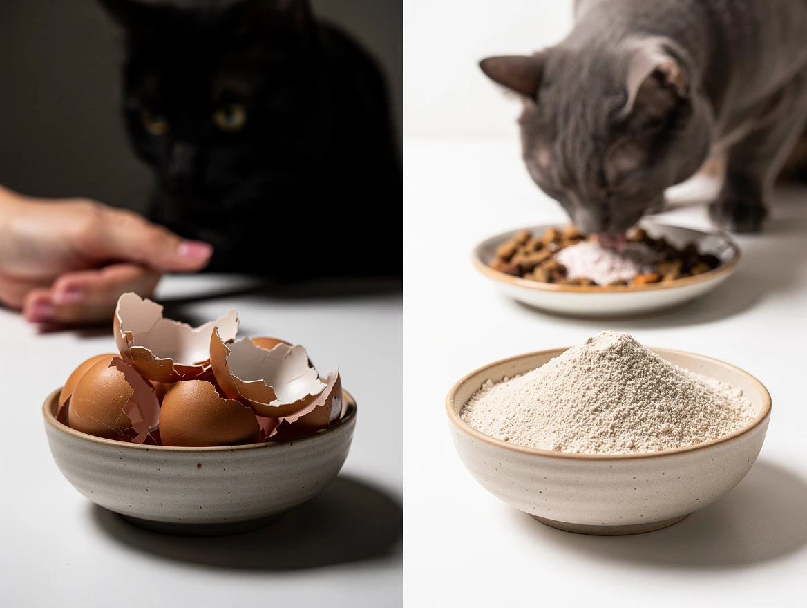 Side by side comparison of dangerous whole eggshell pieces vs safe ground powder for cats