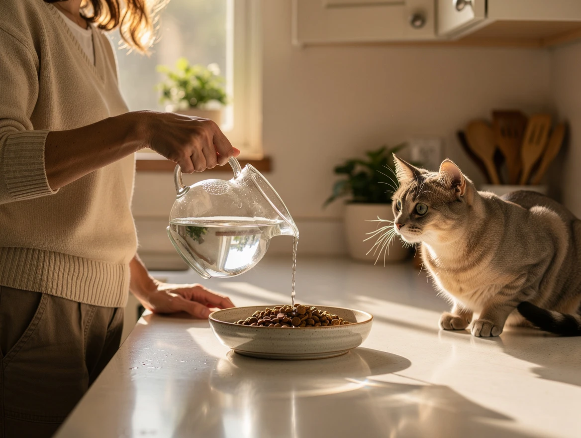 Cat owner pouring water into bowl of dry kibble to rehydrate dried cat food