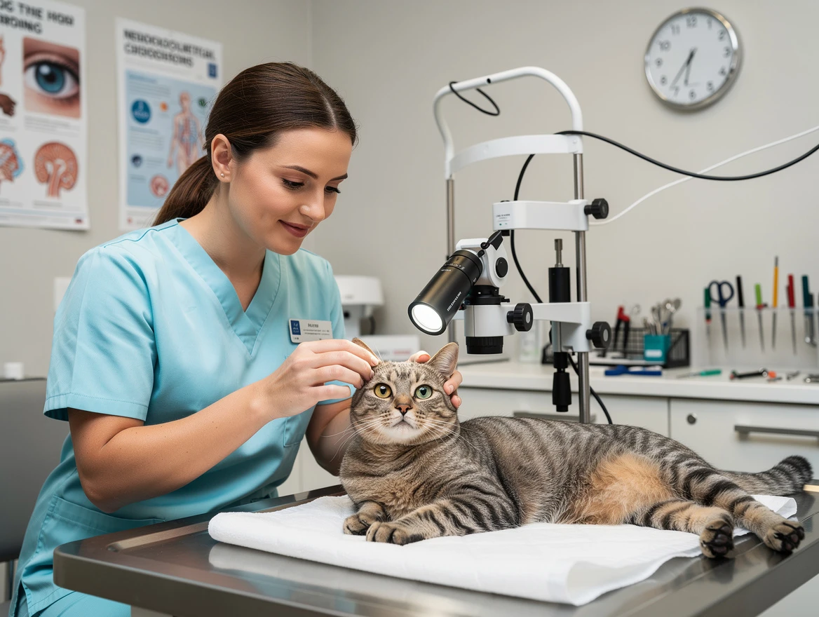 Veterinarian examining cat's eyes for anisocoria diagnosis