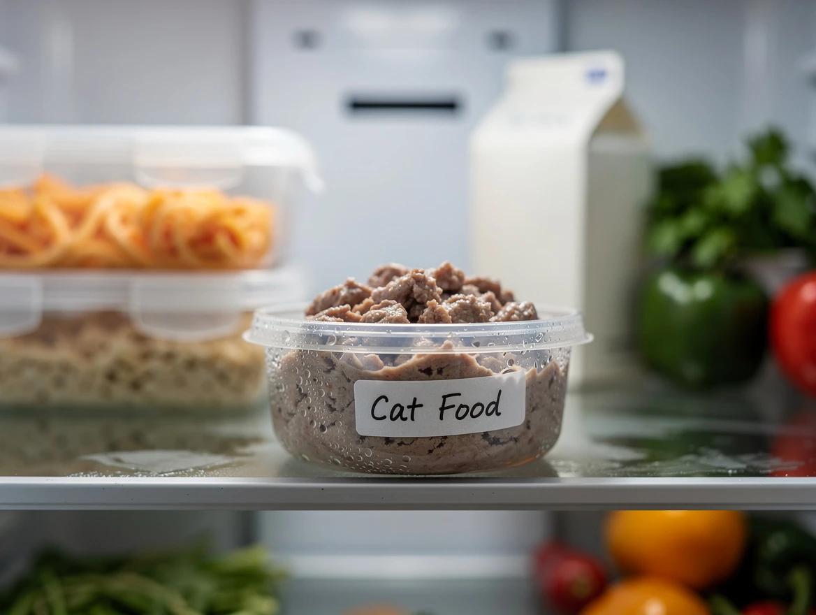 Sealed container of wet cat food stored properly in refrigerator