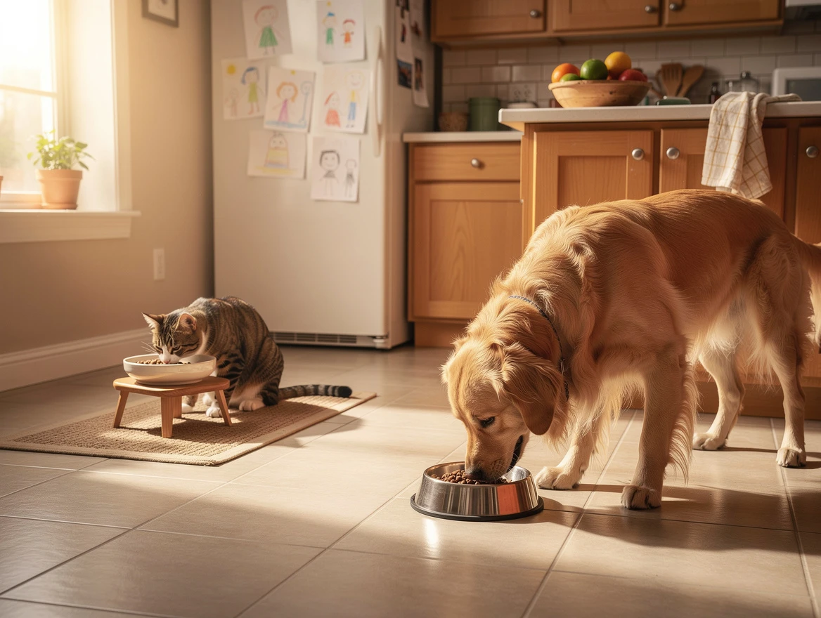 Cat sniffing dog food bowl