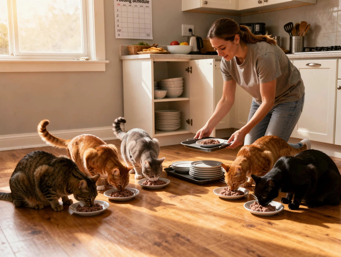 Multi-cat household feeding time with separate small plates of fresh wet food