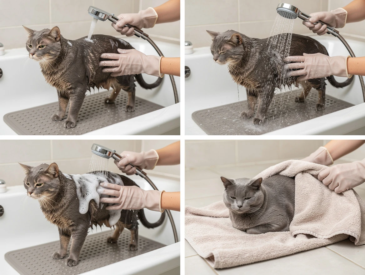 Cat being bathed step by step in home bathroom with gentle cat-safe shampoo