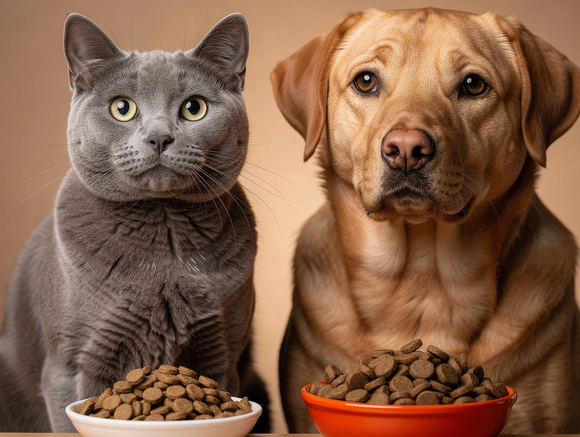 Cat and dog eating from separate bowls in a multi-pet household