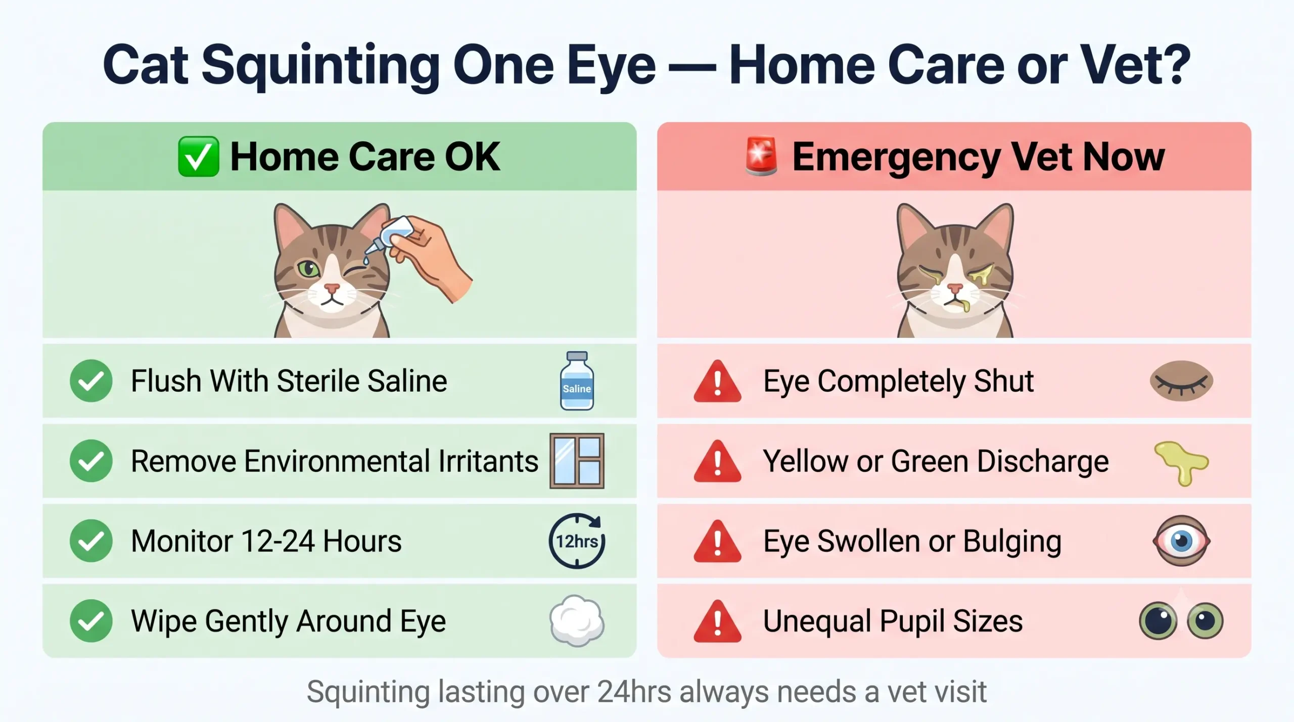 Cat squinting one eye — home care or vet decision guide infographic