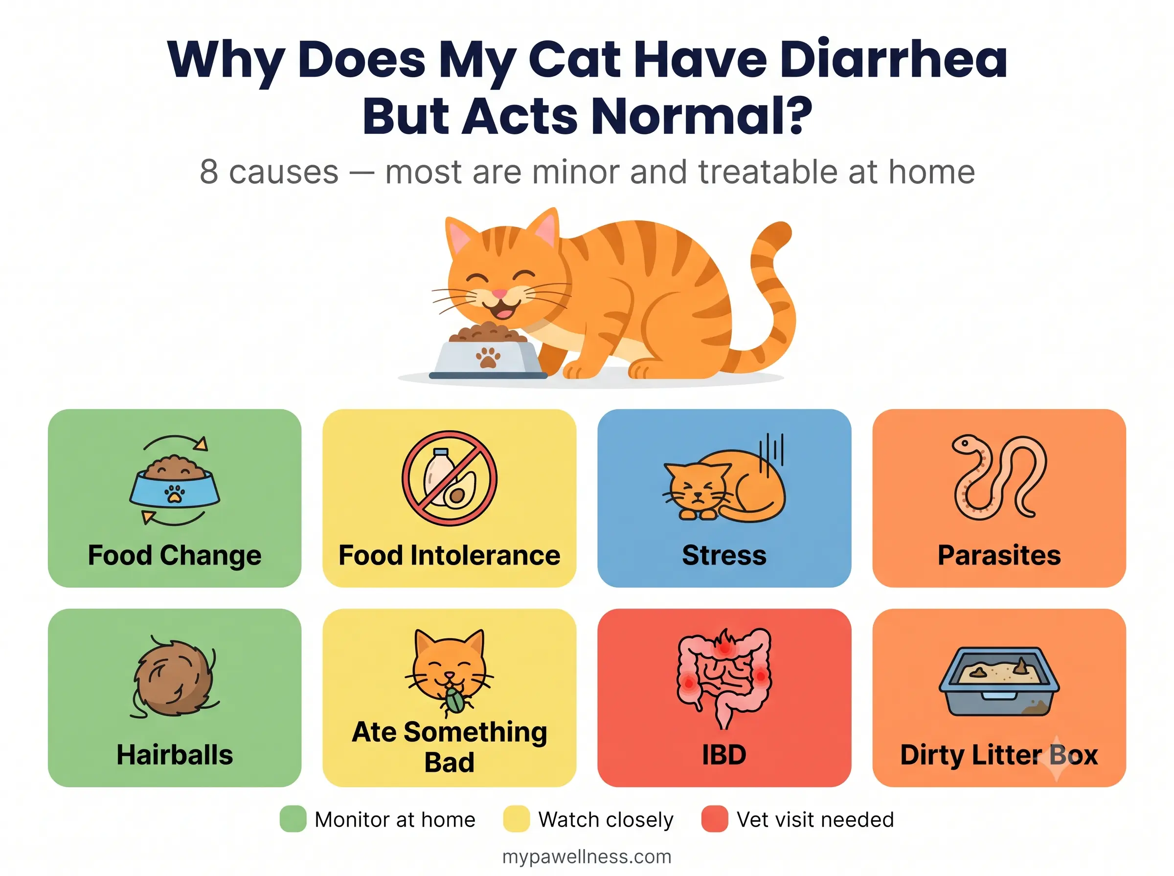 Why does my cat have diarrhea but is acting normal — 8 causes infographic