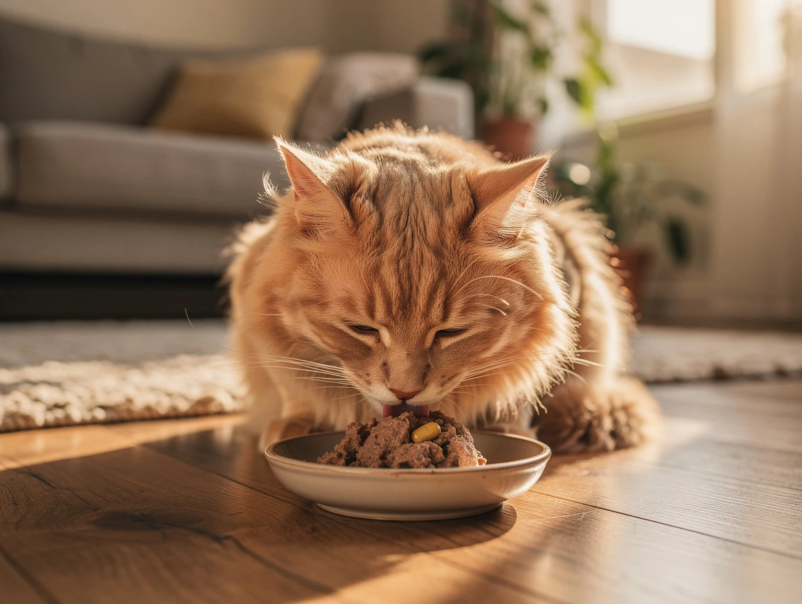 Cat eating wet food with hidden pill inside — how to give a cat a pill easily