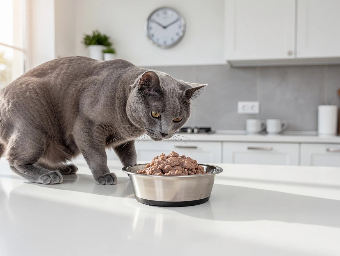 Cat sniffing bowl of wet food left on kitchen counter with clock showing time elapsed