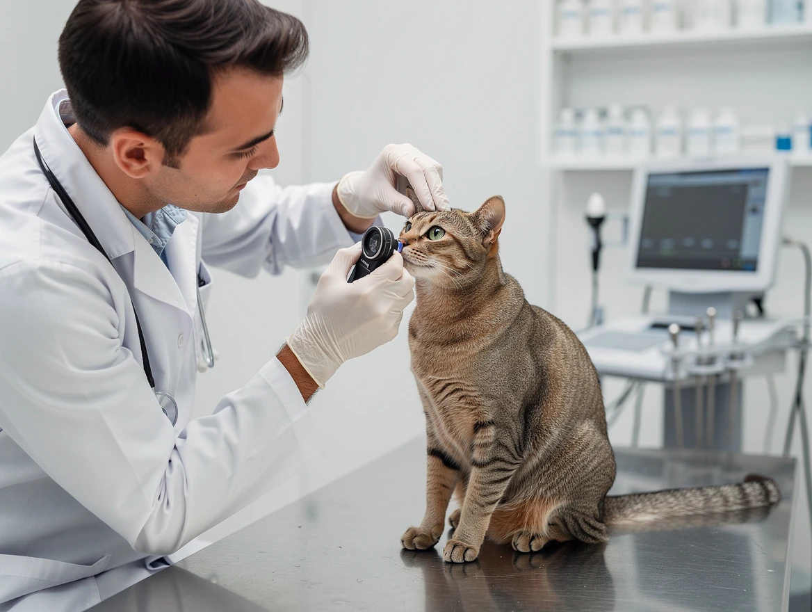 Veterinarian examining cat eye in clinic — squinting one eye diagnosis