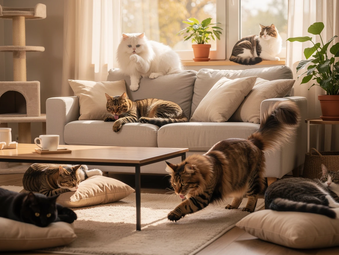 Different cat breeds lounging at home — self-grooming cats rarely need baths