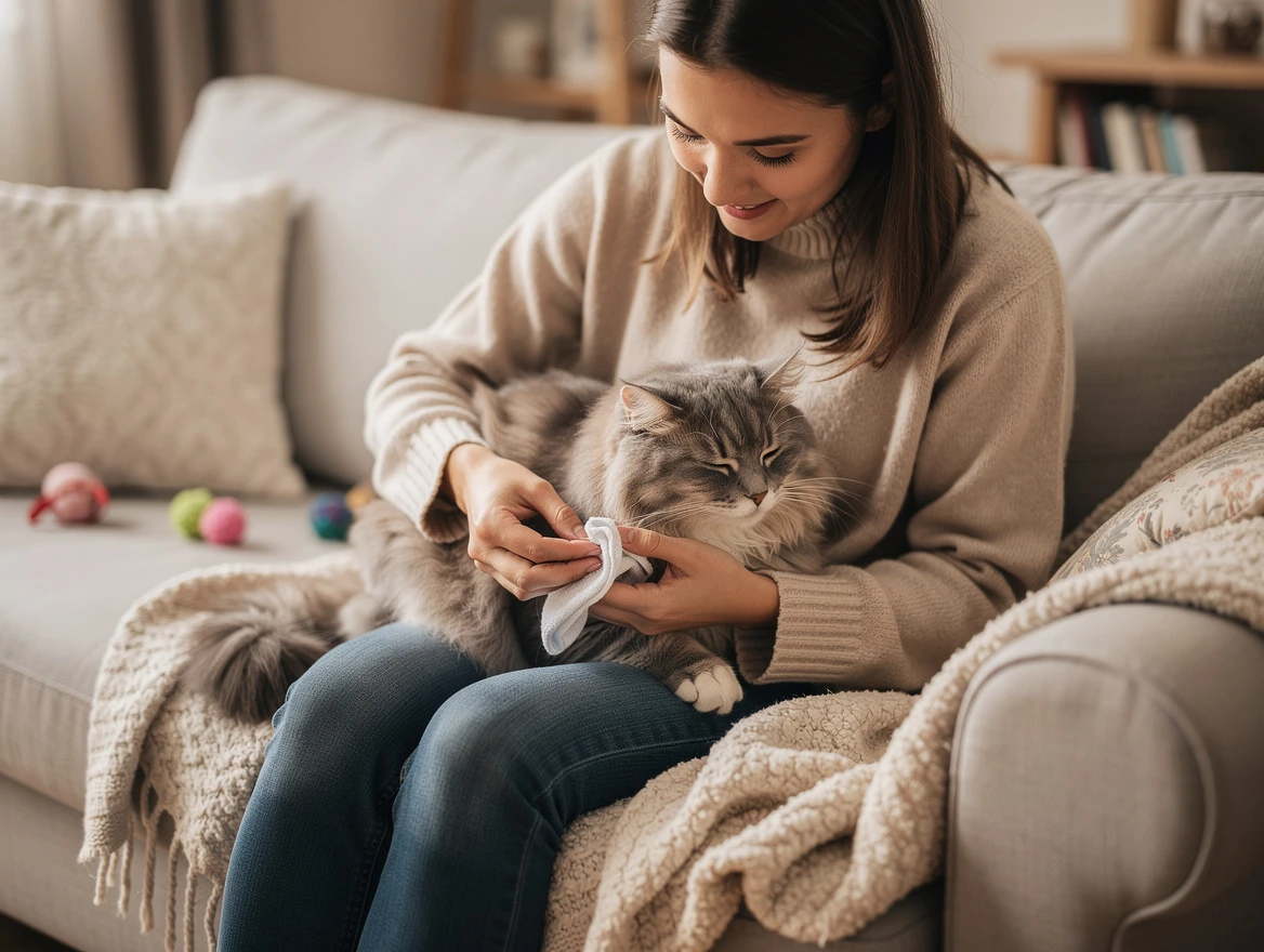 Cat owner gently wiping cat eye with warm damp cloth — home care for squinting