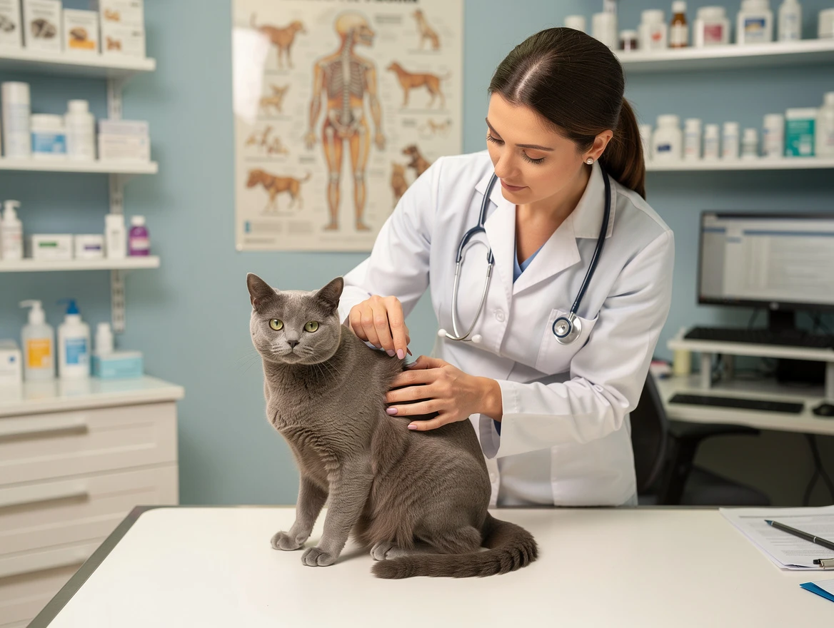 Veterinarian examining cat during diabetes checkup — monitoring blood glucose and weight