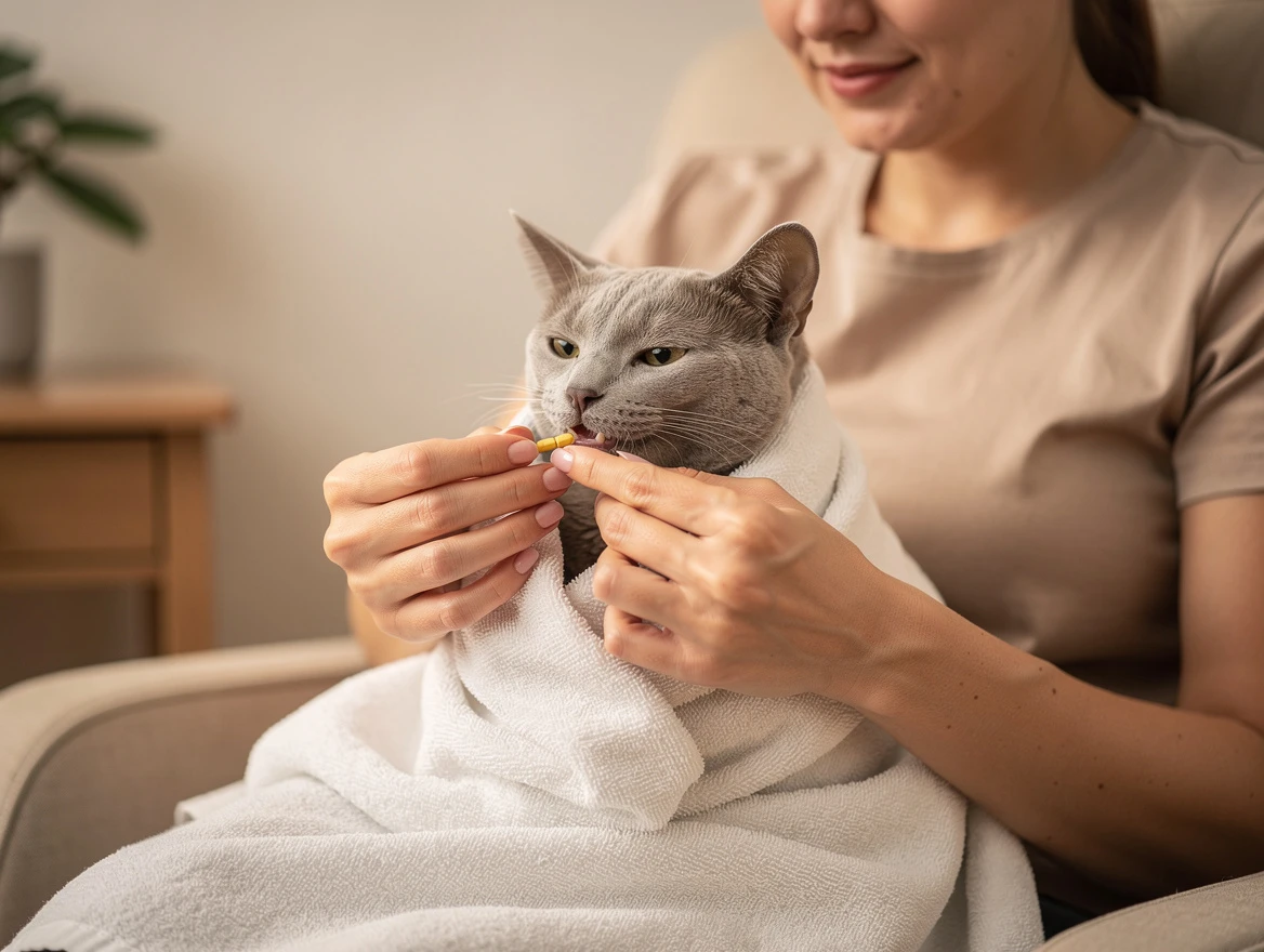 Person gently holding towel-wrapped cat while placing pill in mouth — direct by mouth method
