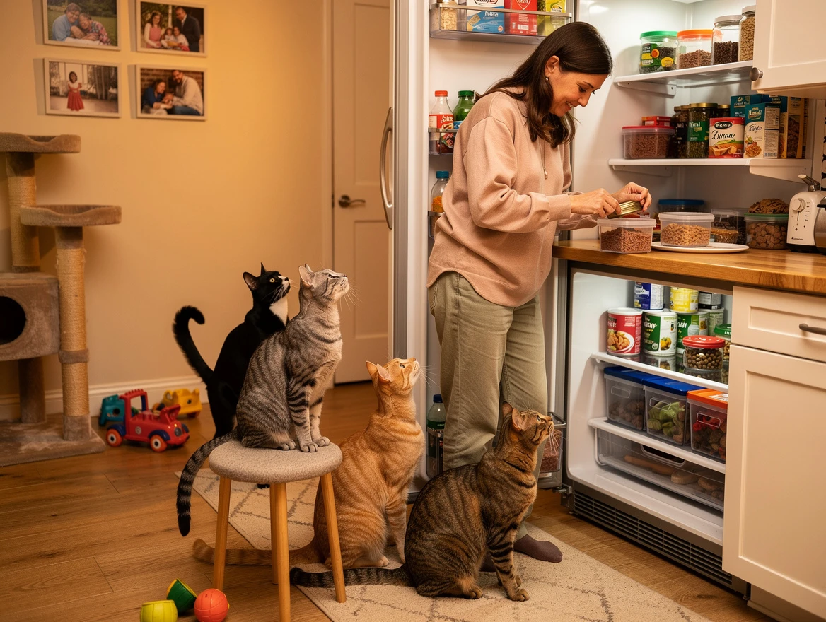 Cat owner placing leftover wet cat food into airtight container in kitchen