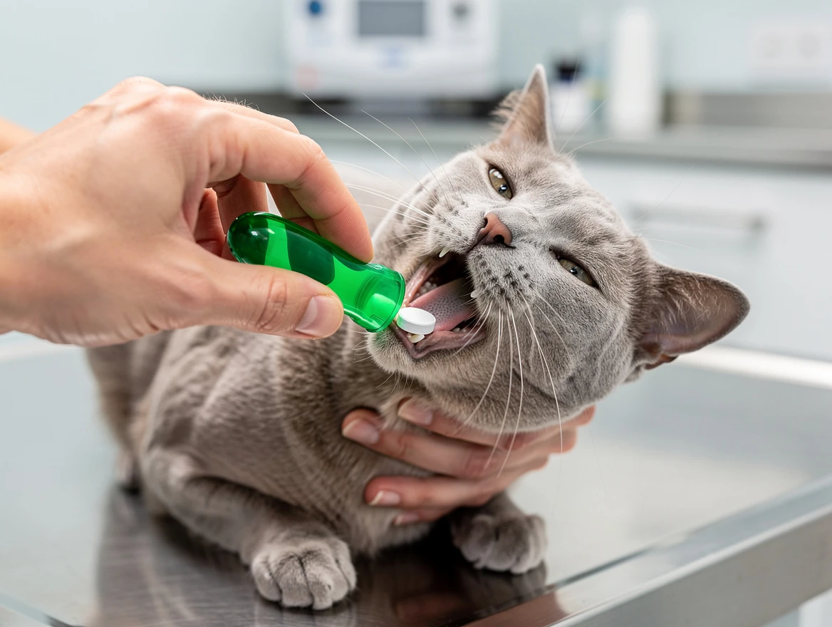 Happy calm cat after successfully taking pill — rewarded with treat