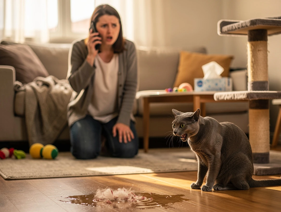 Cat sitting near litter box looking stressed