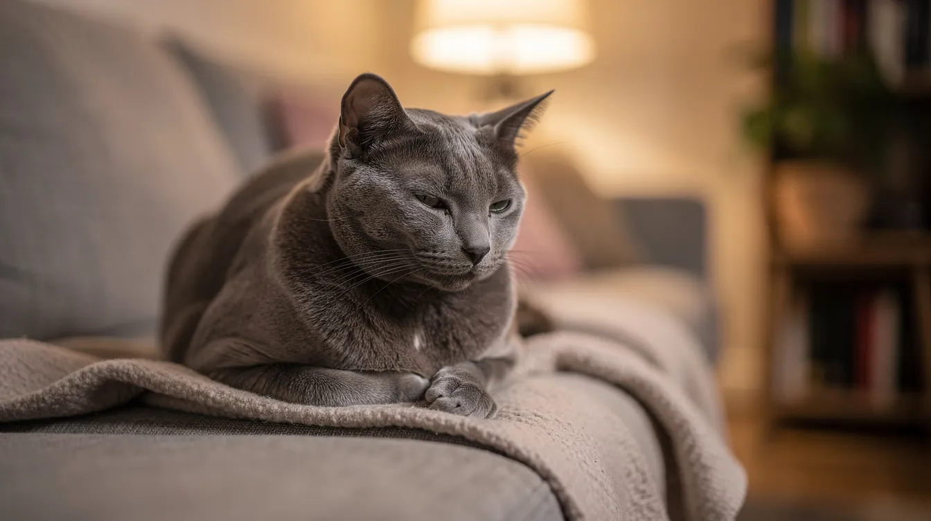 A quiet cat resting on a blanket, looking a little under the weather