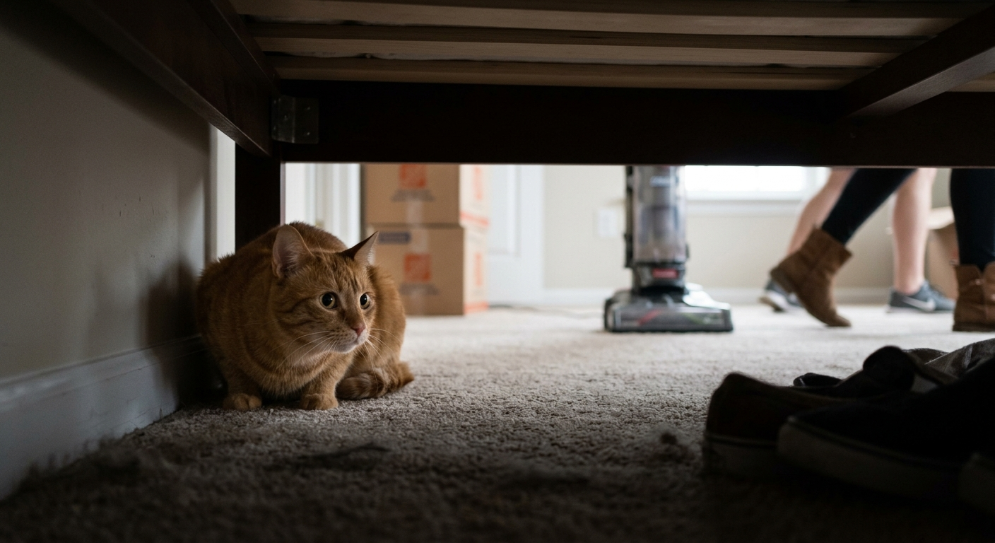 Cat hiding under a bed during a house move with boxes and noise nearby