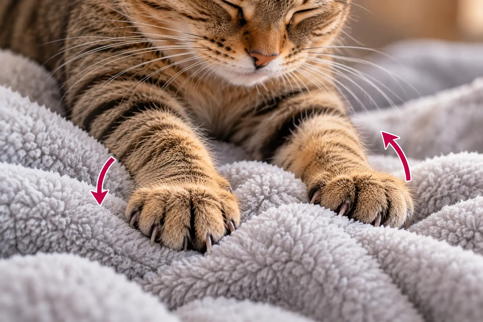Cat kneading a soft blanket with its claws slightly extended