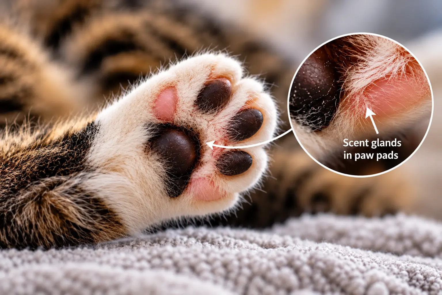 Close-up of cat paw pads, where the scent glands used in kneading are located