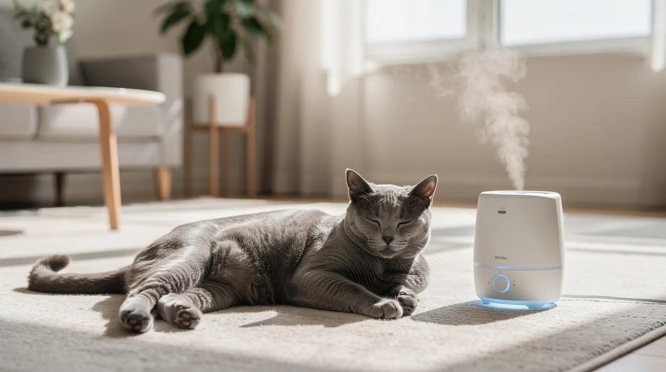 Cat resting near a humidifier, one way to soothe an irritated larynx at home