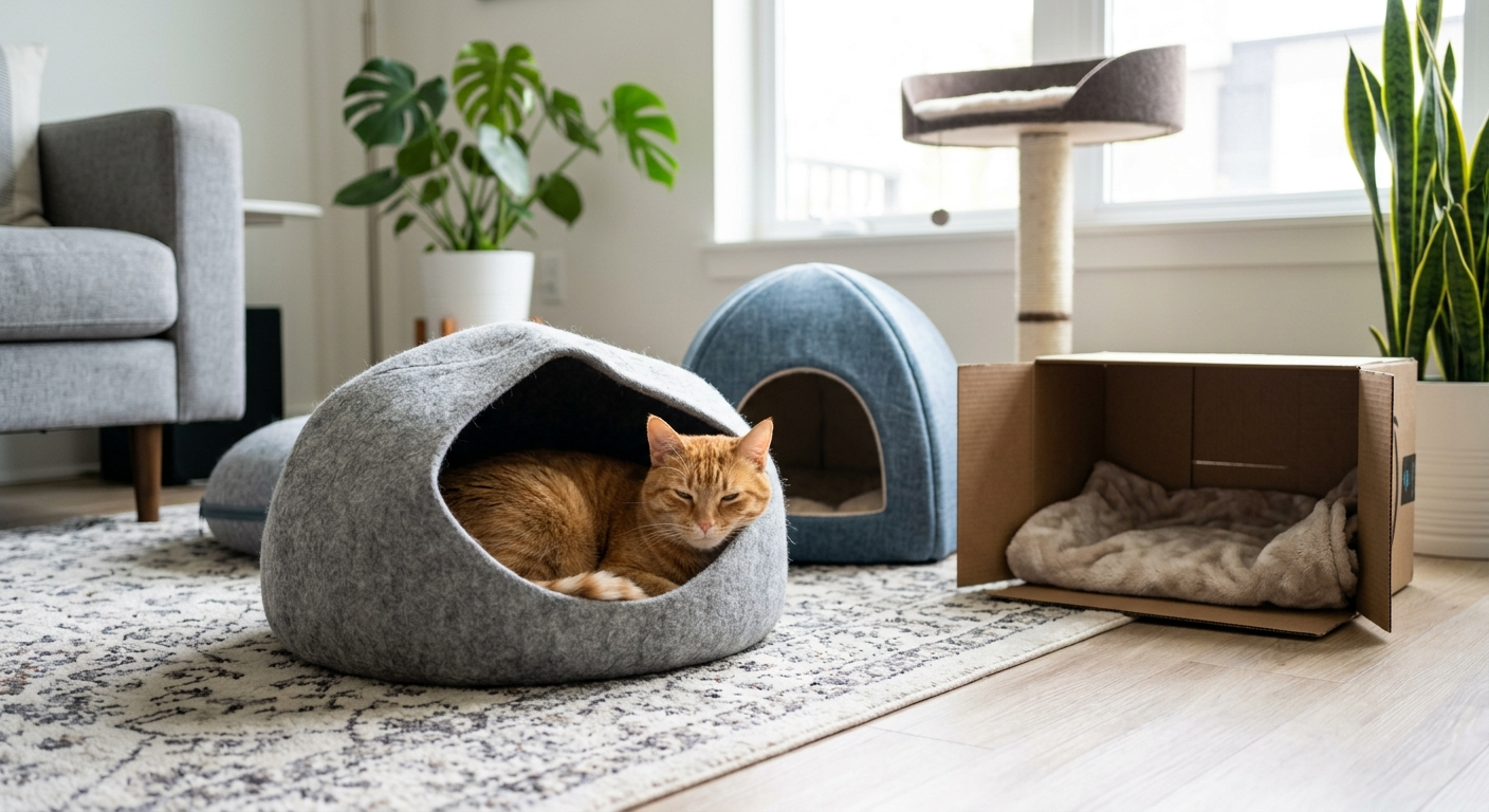 Cat resting in a cat cave beside other covered hiding places