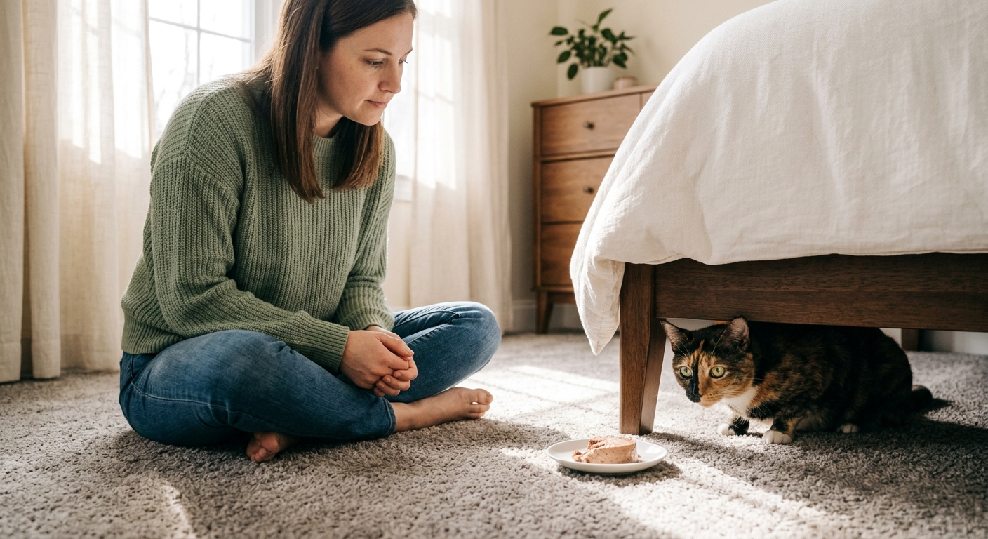 Owner sitting calmly on the floor with food, waiting for a cat to come out from under the bed