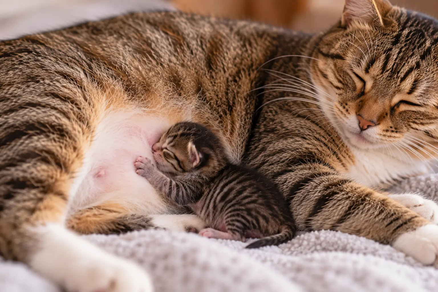 Kitten kneading its mother while nursing
