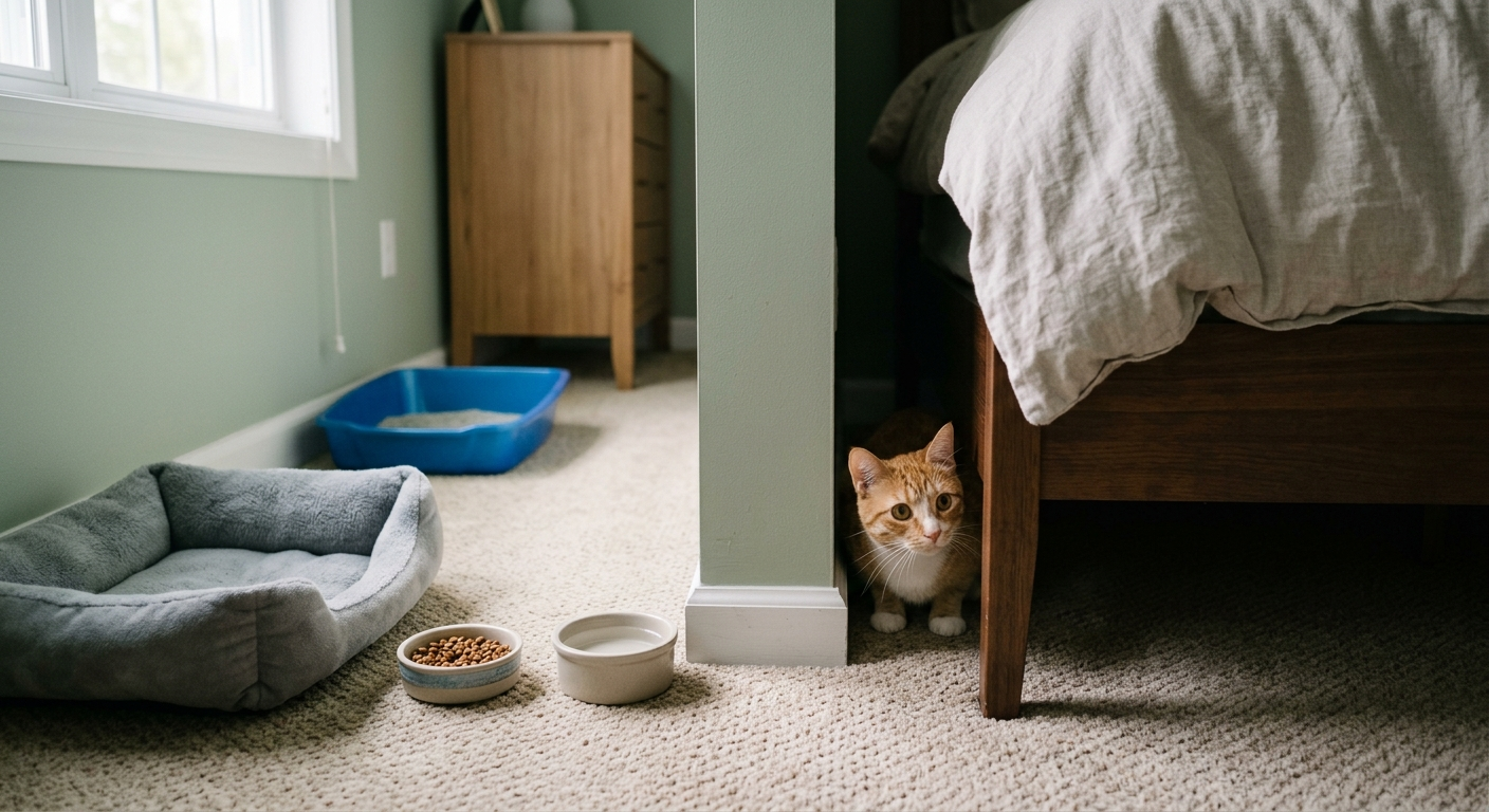 New cat hiding under a bed in a starter room with food, water and litter nearby