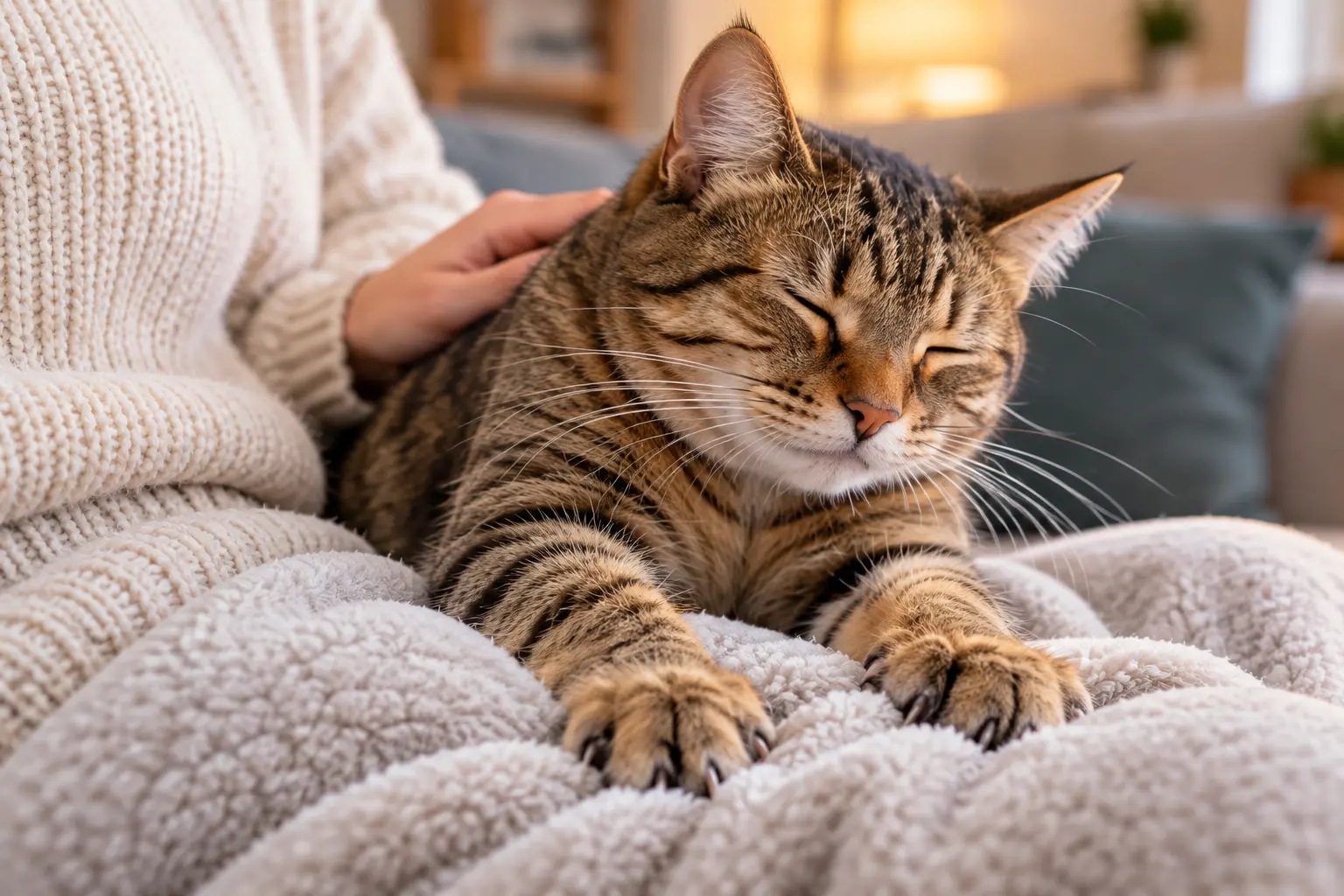 Relaxed cat making biscuits beside its owner on a soft blanket