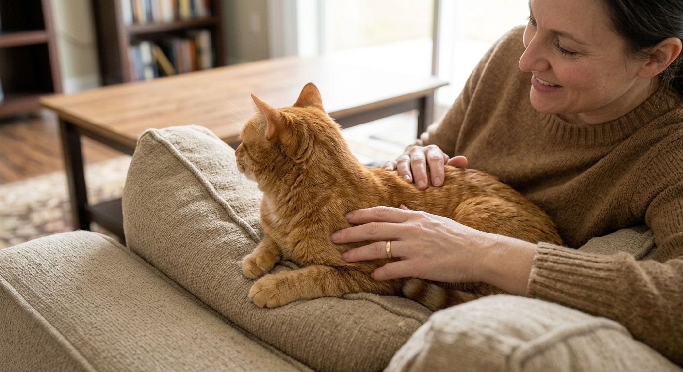 Cat sitting calmly on an owner's lap facing away