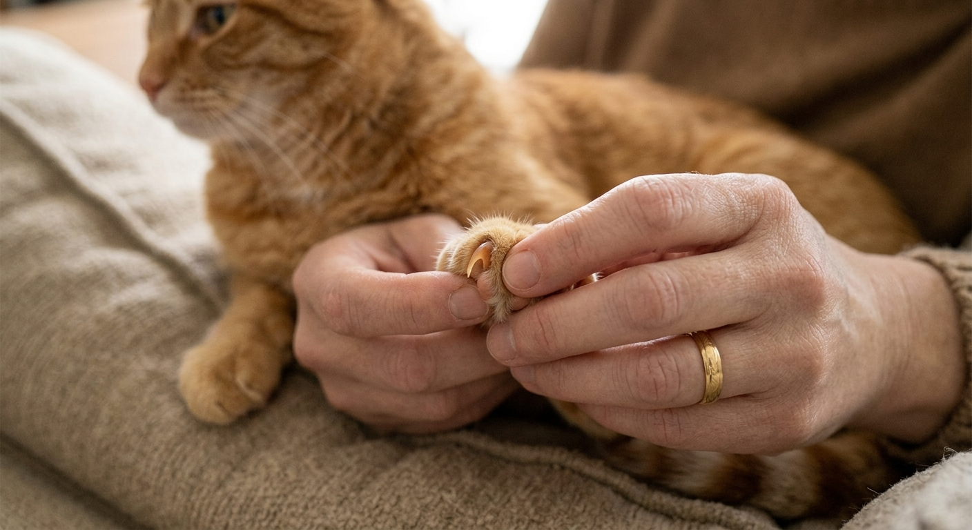 Owner gently pressing a cat's toe to extend one claw