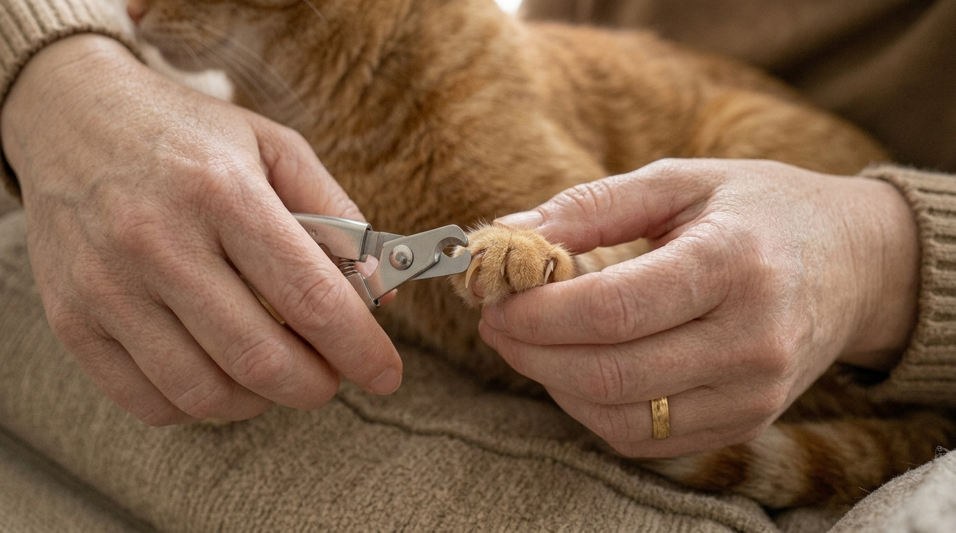 Cat nail clippers positioned at the white tip of an extended claw