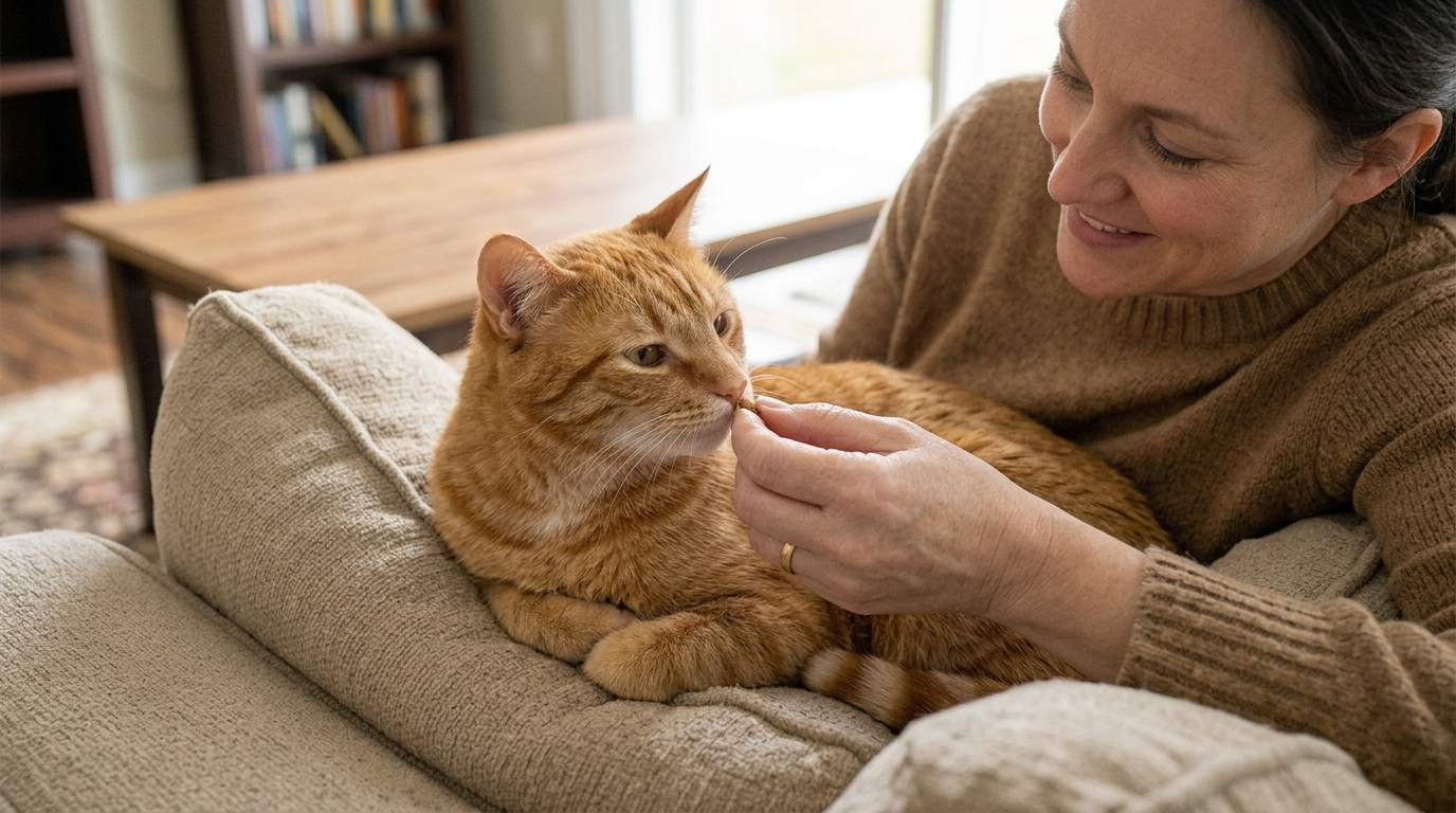 Owner giving a cat a treat after trimming its nails