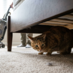 cat hiding under bed
