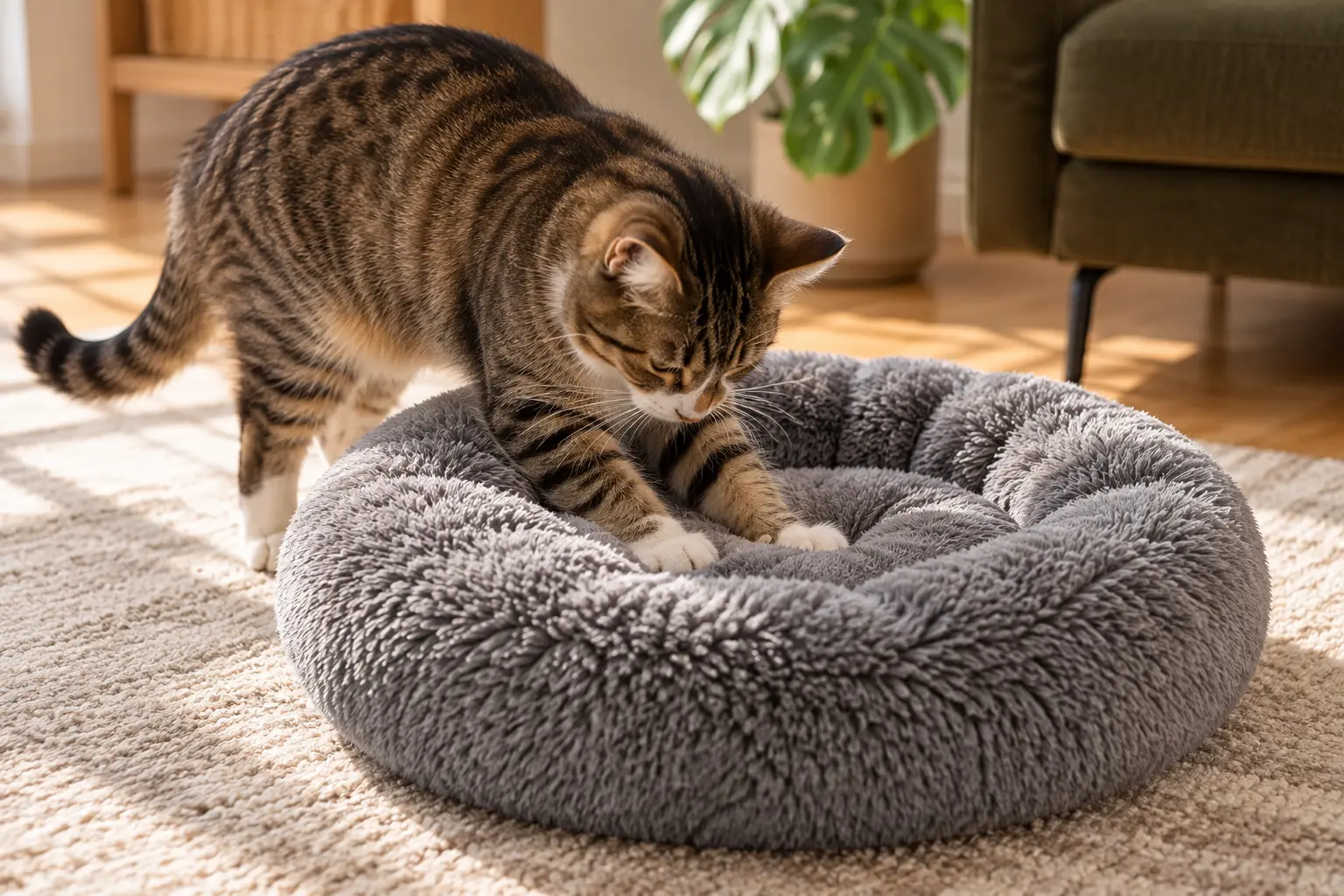 Tabby cat kneading a plush round cat bed before settling down