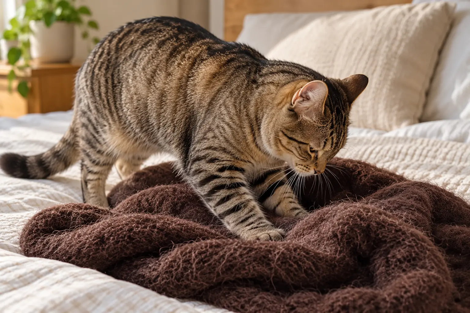 Tabby cat kneading a soft brown blanket on a bed