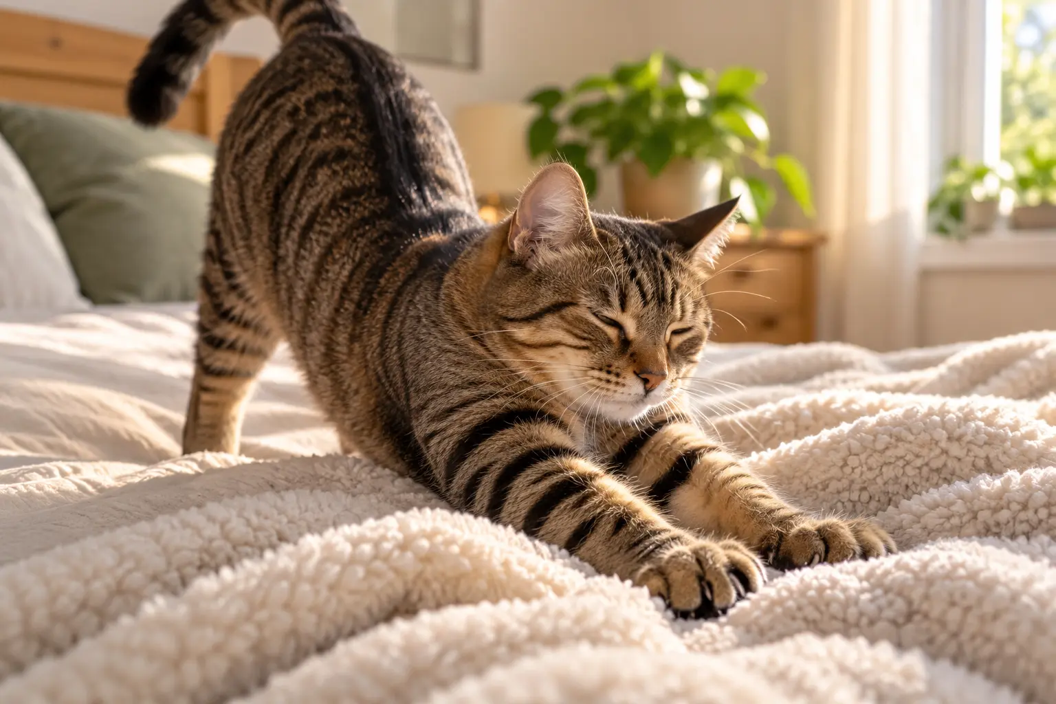 Tabby cat stretching its front legs while kneading a soft blanket