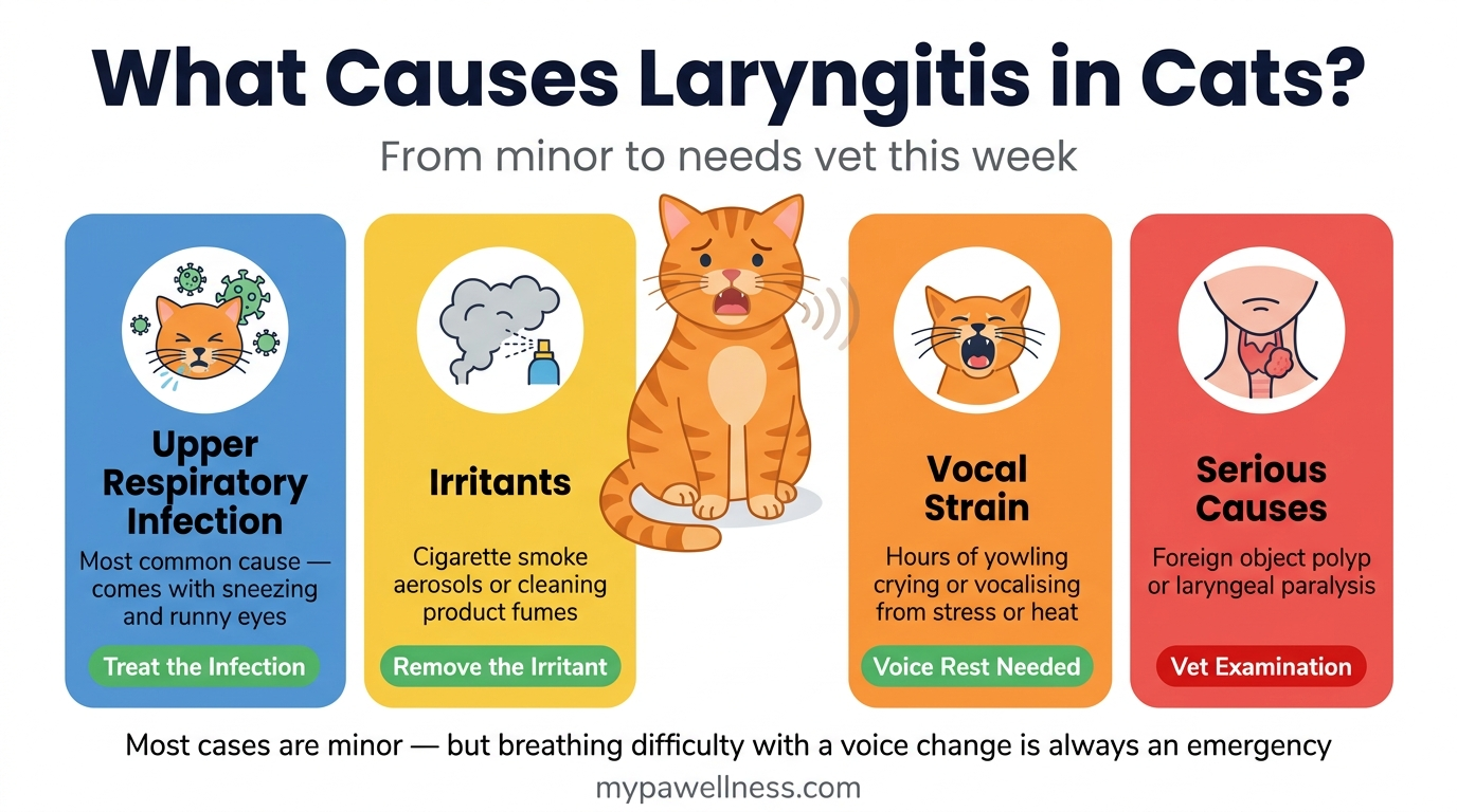 The main causes of laryngitis in cats: infection, irritants, vocal strain, and serious causes