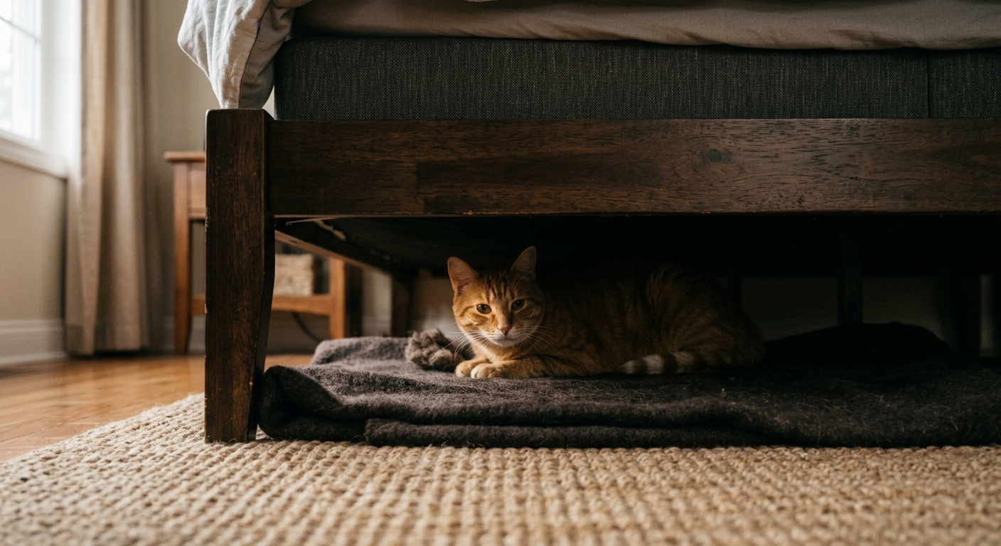 Cat resting comfortably on a blanket under a bed