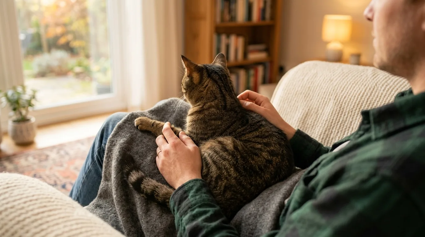 Calm cat wrapped snugly in a grey towel with one front paw showing for a nail trim