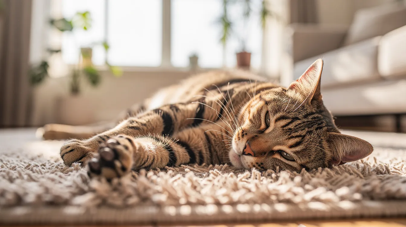 A cat resting calmly after play, breathing normally again
