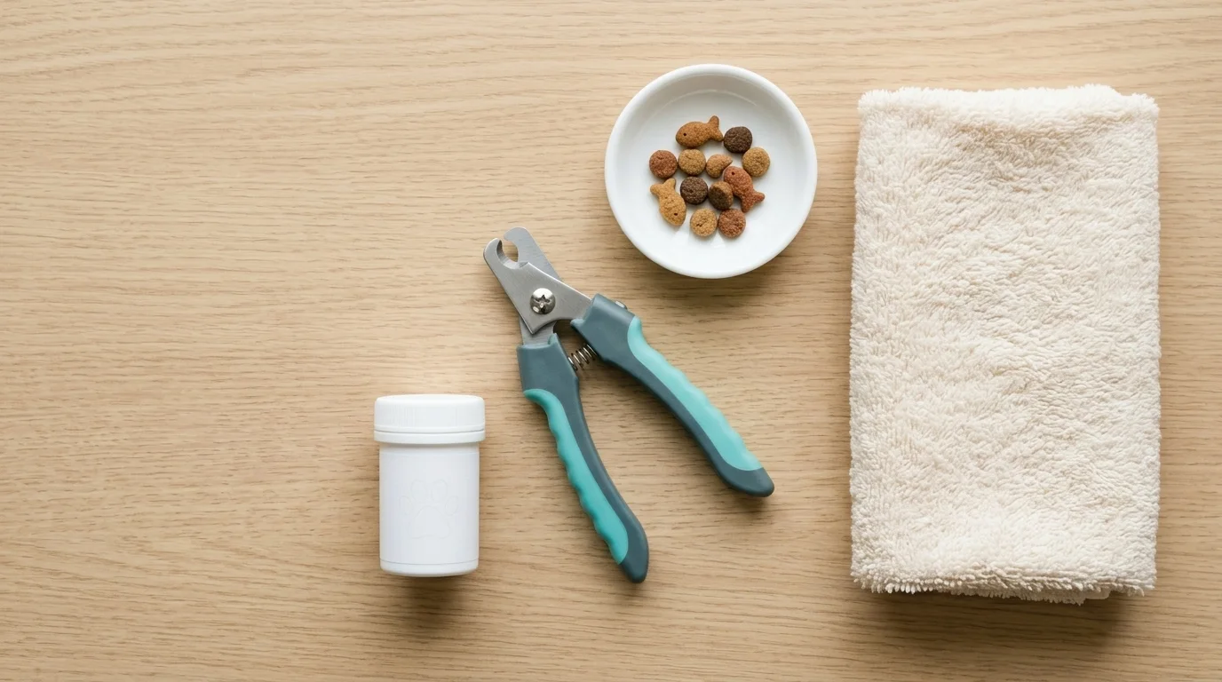 Cat nail clippers, styptic powder, treats and a soft towel laid out for a nail trim
