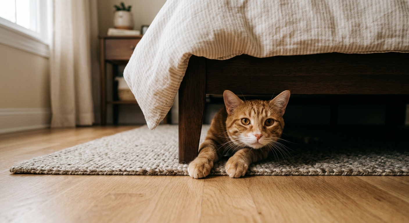 Cat hiding under bed, peeking out from beneath the bed frame