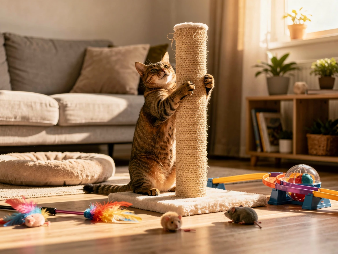 Cat scratching a sisal post, which pulls off loosened claw sheaths