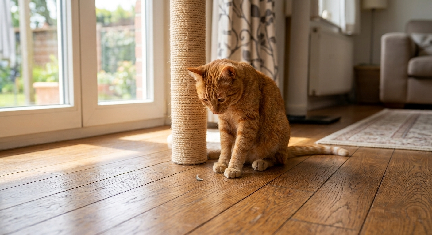 Orange tabby cat sitting beside a scratching post